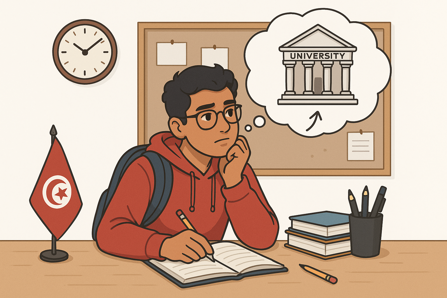 Illustration d'un étudiant tunisien planifiant son avenir universitaire